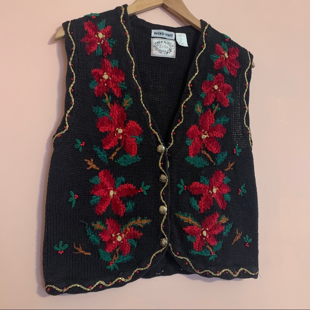 Vintage ugly Christmas poinsettia sweater vest